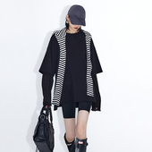 宽松T恤 黑色白色镂空针织袖 女秋设计感上衣 假两件拼接 ourhour