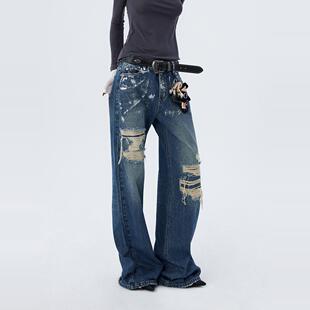 ourhour 手工烫银 复古蓝贴布破口阔腿银箔牛仔裤 女冬设计感长裤