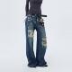 女冬设计感长裤 复古蓝贴布破口阔腿银箔牛仔裤 手工烫银 ourhour