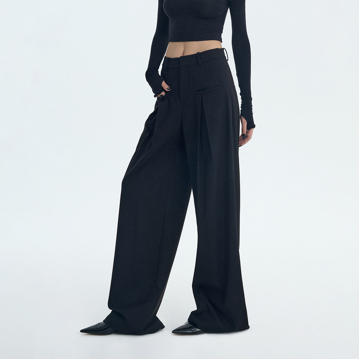 ourhour 知识分子 黑色前口袋捏褶显瘦宽松西裤 女冬设计感阔腿裤