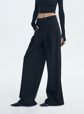 ourhour 知识分子 黑色前口袋捏褶显瘦宽松西裤 女冬设计感阔腿裤