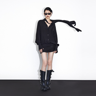 ourhour 黑色假两件垂感 下摆不对称衬衫 连衣裙 长飘带领结