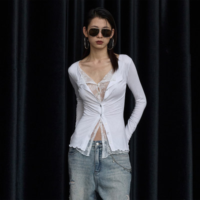 ourhour蕾丝拼接木耳边长袖开衫