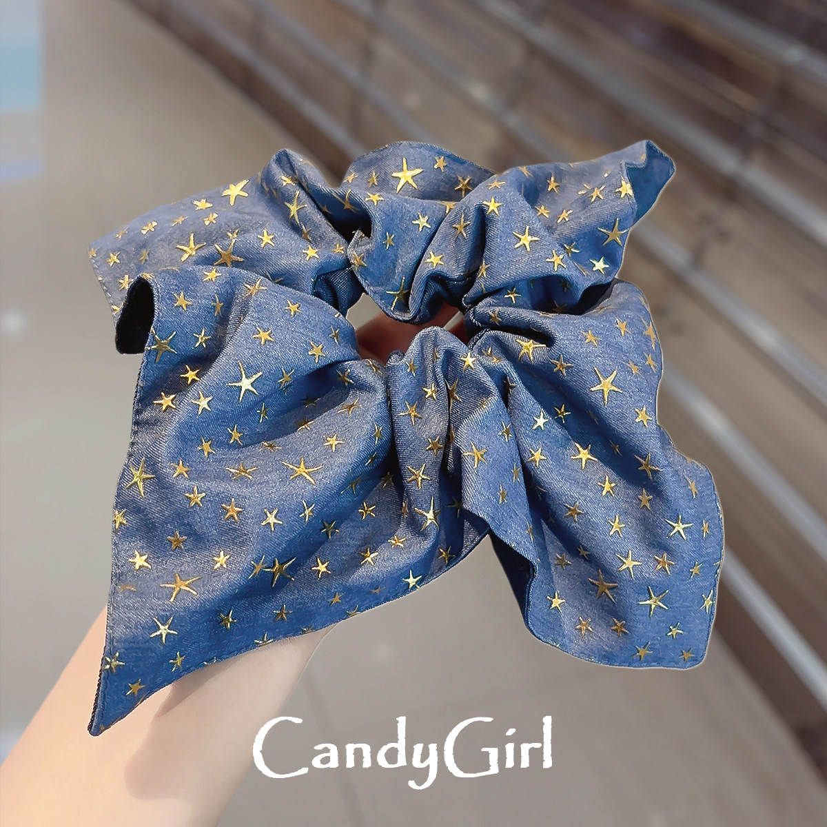 韩版时尚星星牛仔蓝色方巾发圈女气质低马尾扎发头绳耐用皮筋头花