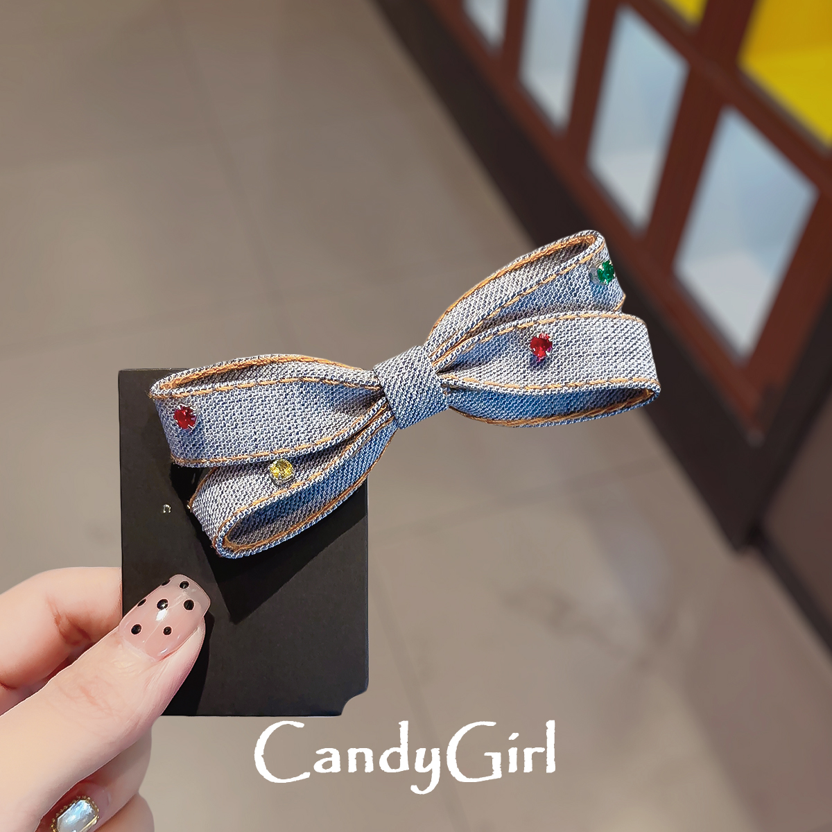 彩钻牛仔蓝蝴蝶结发夹女新款气质侧边刘海夹子韩版时尚碎发鸭嘴夹