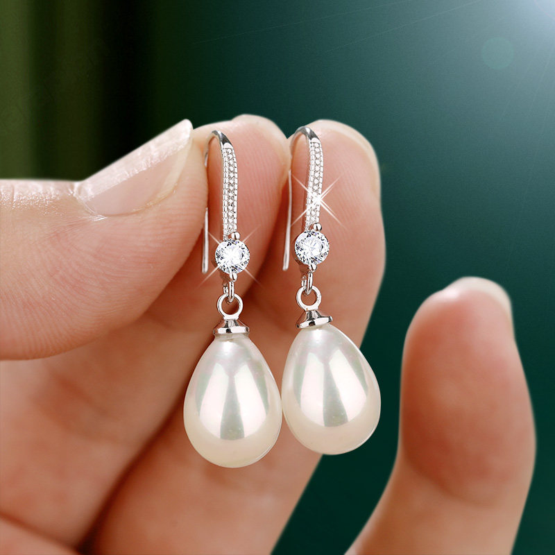 水滴形人工珍珠耳环女925纯银耳饰耳坠气质日韩时尚百搭个性耳钉