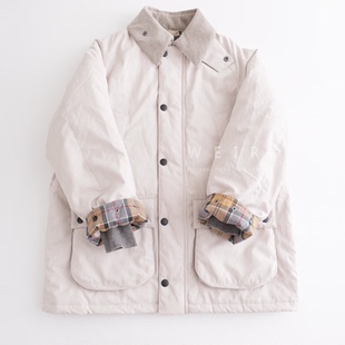 日系巴恩风翻领工装桃皮绒棉服中长款格纹灯芯绒拼接复古棉衣