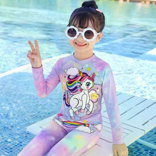 夏季女童防晒长袖长裤泳衣2026新款水上乐园儿童卡通泳装泳镜套装