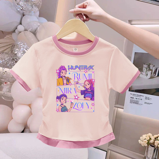 kpop猎魔女团纯棉假两件短袖T恤女童装夏季新款儿童衣服粉上衣潮