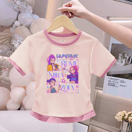 kpop猎魔女团纯棉假两件短袖T恤女童装夏季新款儿童衣服粉上衣潮