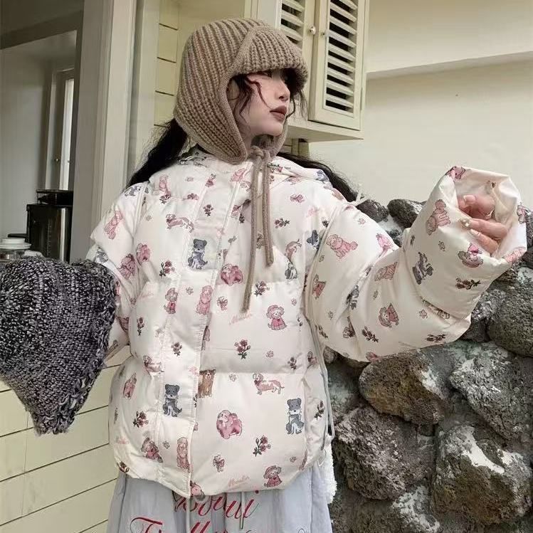 韩系Chic短款满印连帽棉服女棉衣/棉服