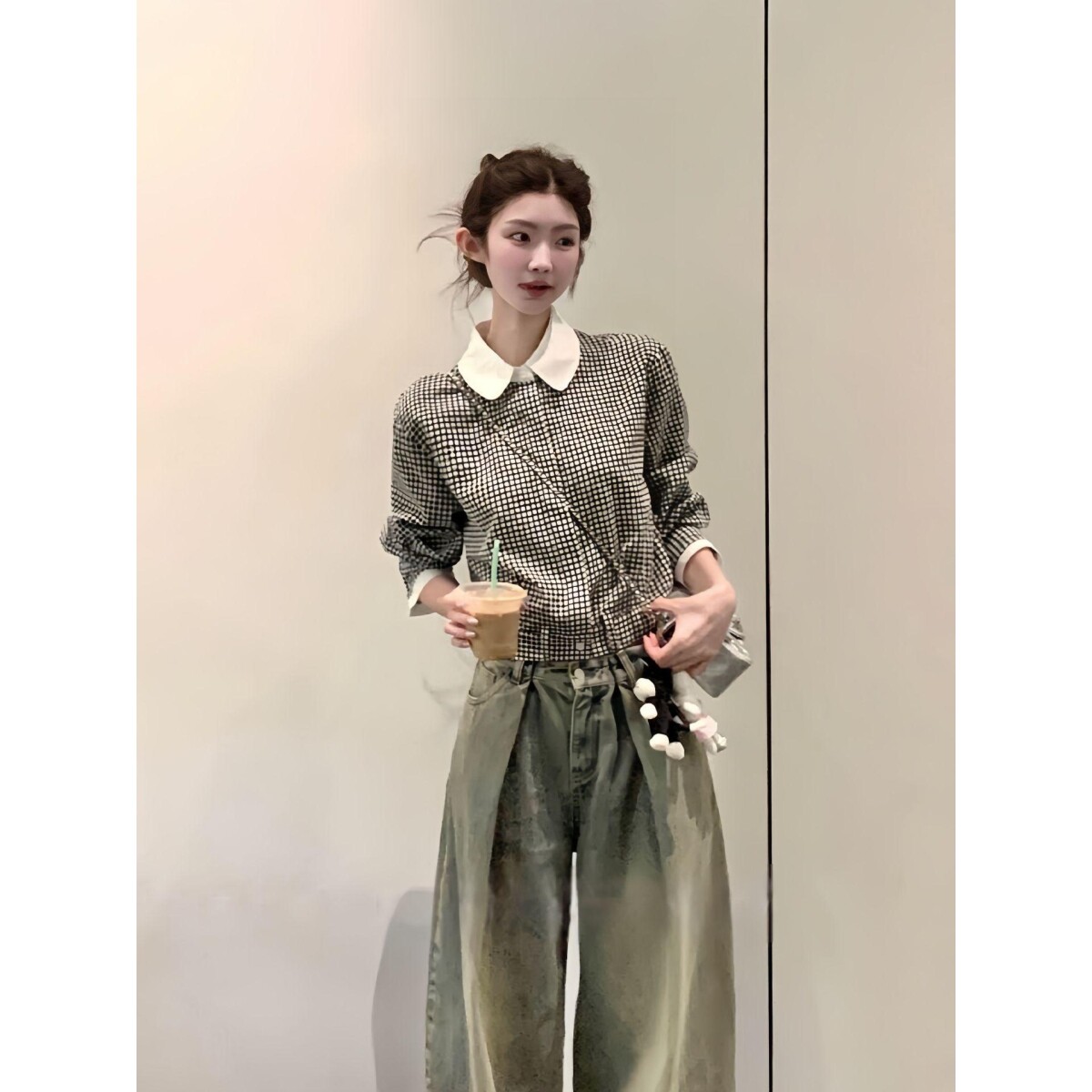 黑色格子娃娃衫衬衫女秋季韩系复衬衫