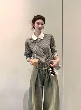 黑色格子娃娃衫衬衫女秋季韩系复古设计感气质显瘦长袖小个子上衣