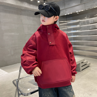 男童连帽加绒卫衣秋冬2026新款儿童红色一体绒打底衫中大童年服潮