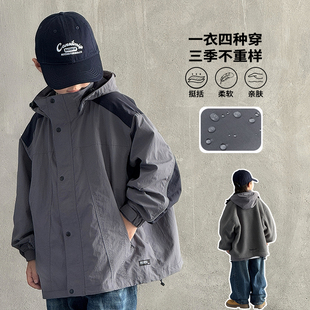 男童连帽三合一加绒外套秋冬款2025新款潮中大童男孩加厚风衣冬装
