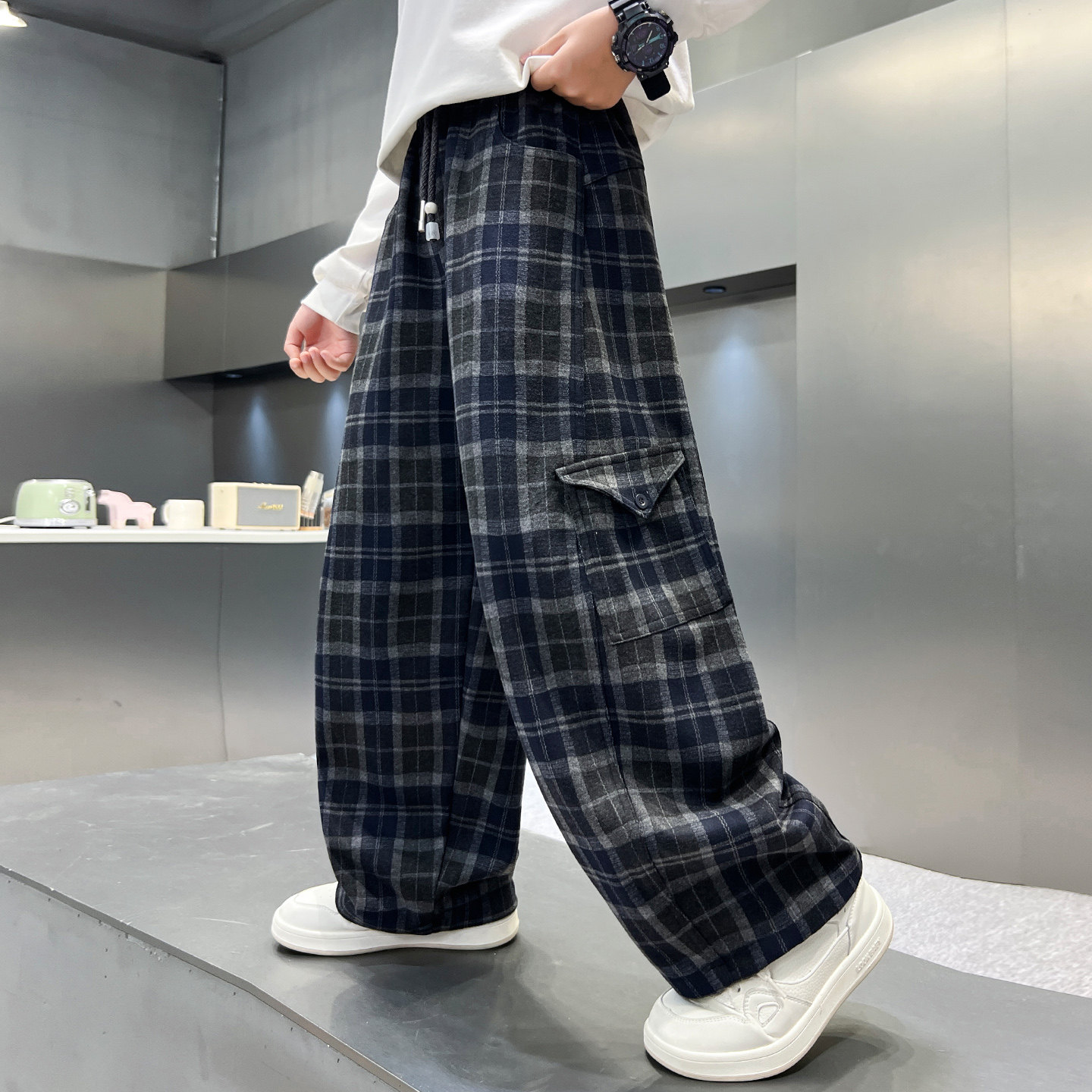 长裤棉混工装裤格子裤子百搭宽松