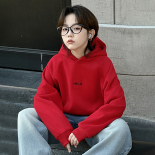 男童红色加绒卫衣2026新款儿童一体绒新年拜年服中大童本命年衣服