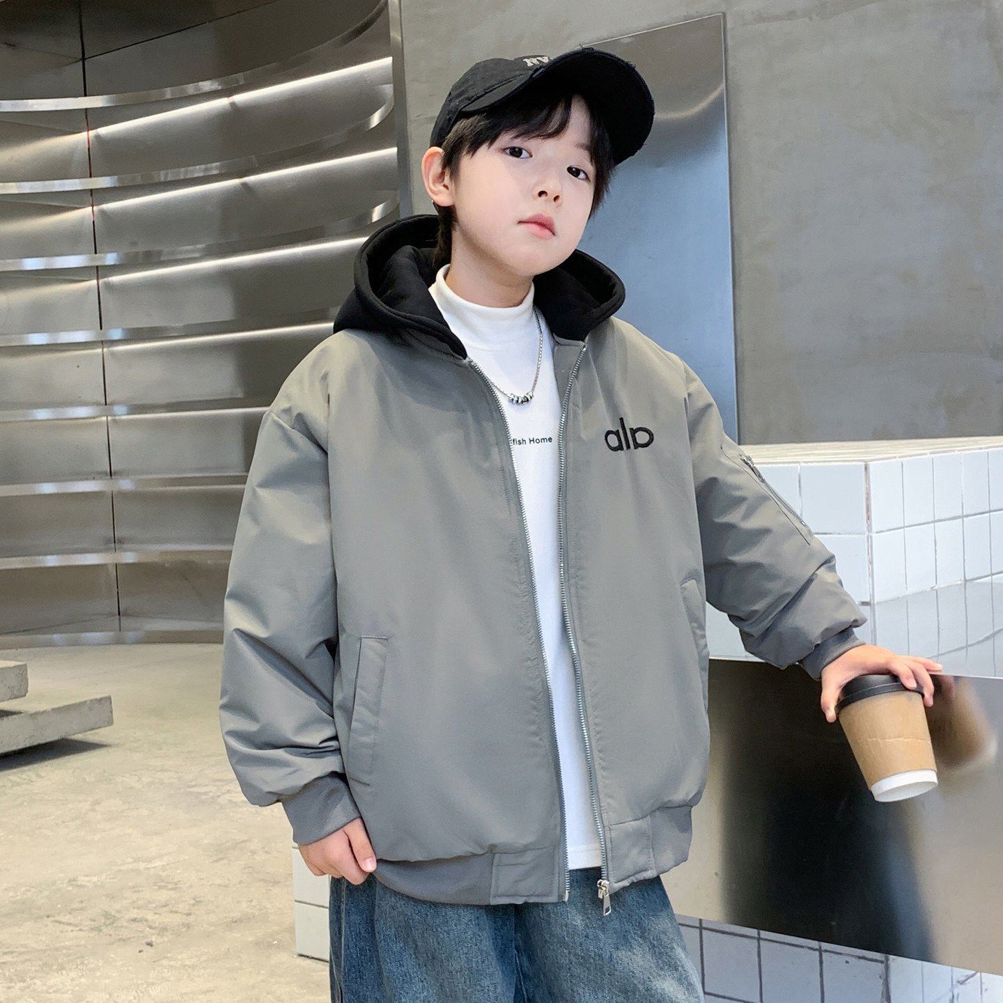 男童夹棉外套秋冬款2025酷帅儿童加派克服厚中大童棉服男孩衣服潮