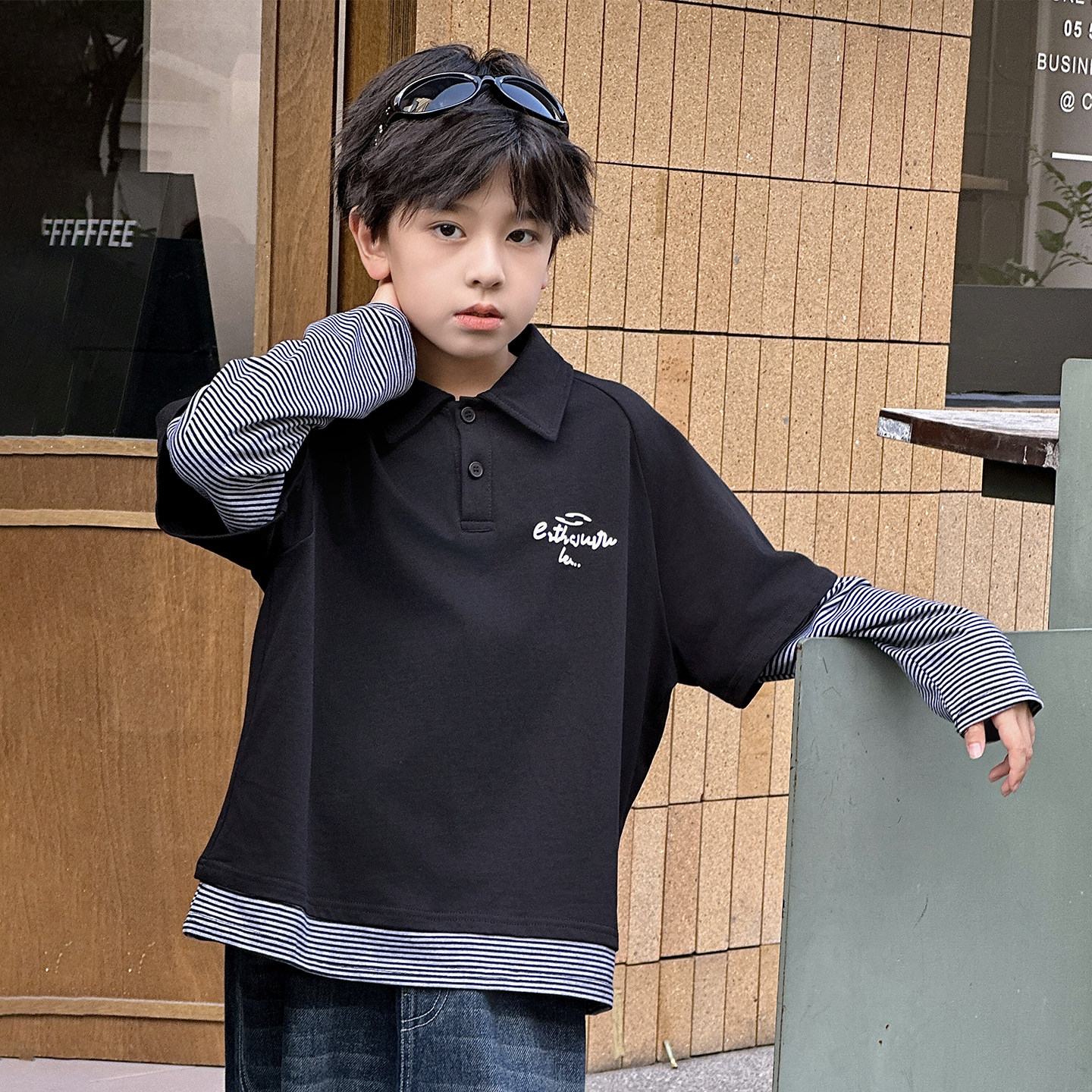 男童春秋季假两件卫衣2026新款中大童春装POLO衫男孩春季上衣痞帅