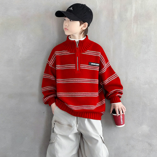 男童红色毛衣秋冬季2026新款中大童本命年针织衫儿童男孩拜年服潮