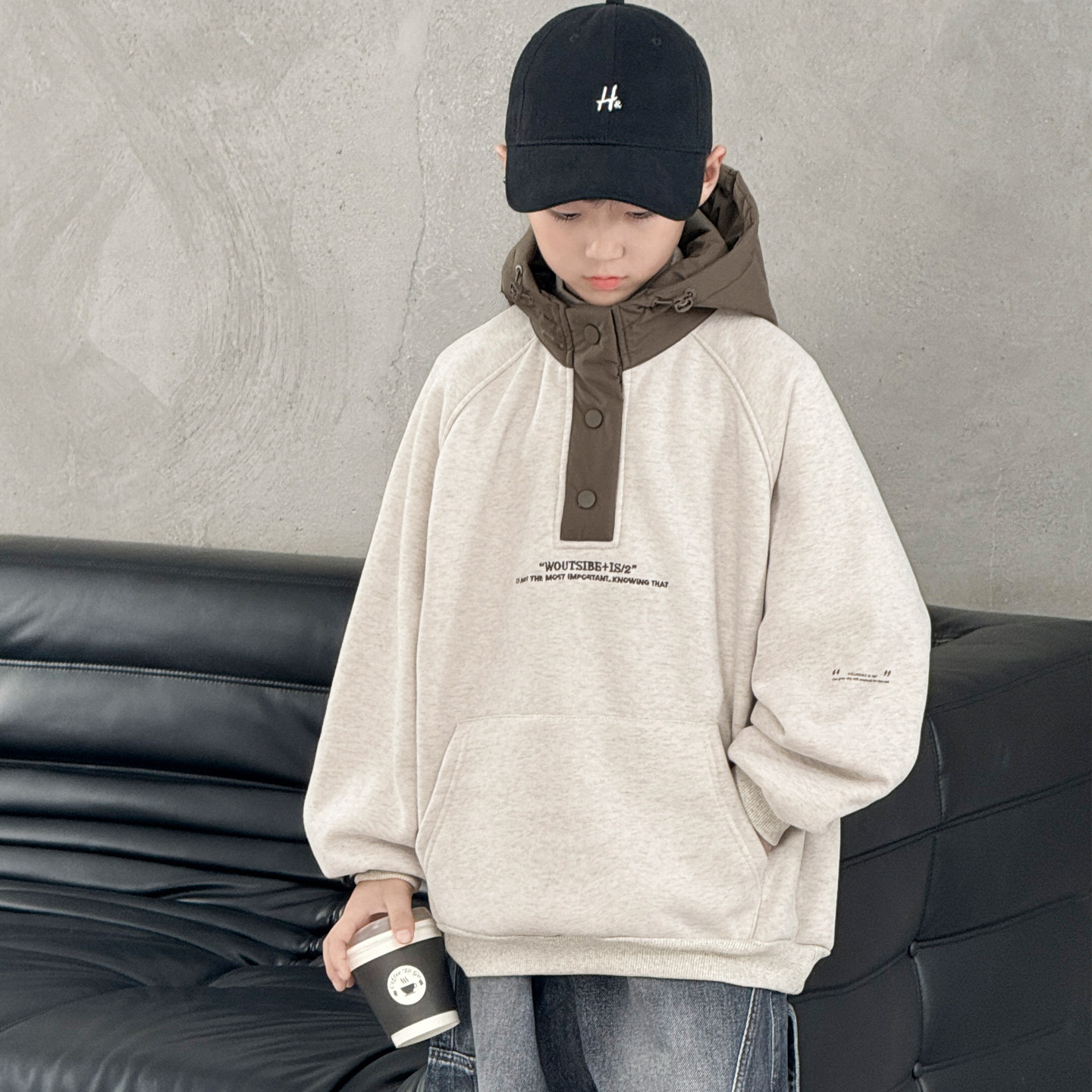 男童加绒连帽卫衣秋冬季2025新款洋气儿童冬款中大童加厚打底内搭