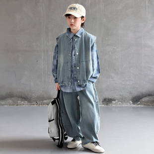 男童衬衫马甲三件套春秋款2026新款中大童春款马甲儿童春季套装潮