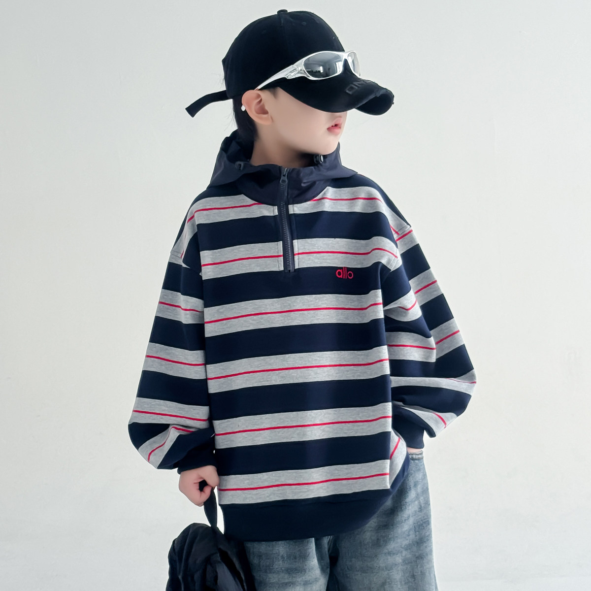 男童连帽条纹卫衣春秋款2026新款潮中大童韩版春季打底衫儿童春装