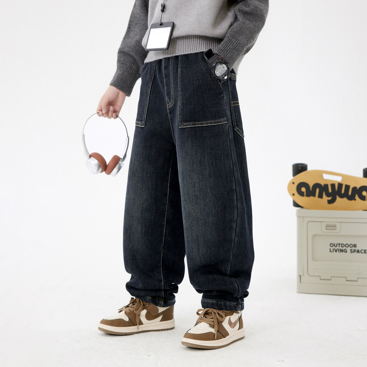 男童加绒牛仔裤秋冬季2025新款痞帅儿童冬款中大童直筒一体绒长裤