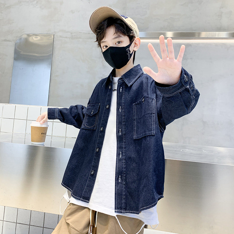 牛仔布休闲男童翻领纯色衬衫百搭