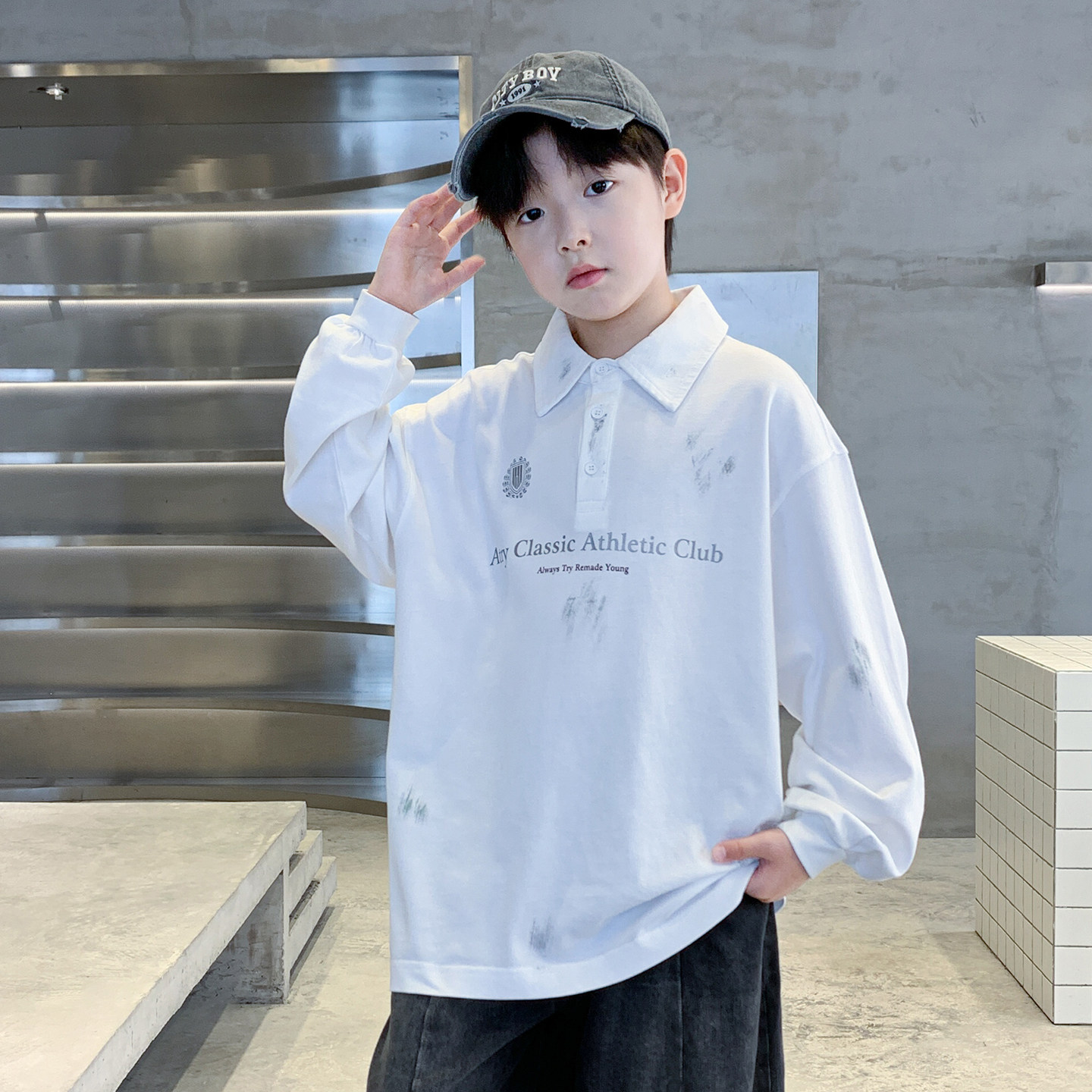 男童白色POLO衫春秋款2026新款洋气中大童春款卫衣儿童打底衫内搭