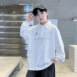 男童白色POLO衫春秋款2026新款洋气中大童春款卫衣儿童打底衫内搭