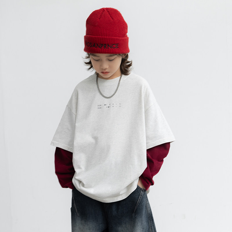 男童假两件T恤春装2026新款潮中大童春季长袖上衣儿童春秋打底衫t