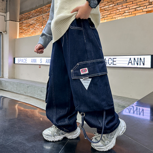 儿童装男童加绒工装牛仔裤秋冬款2024新款中大童冬季加厚裤子痞帅