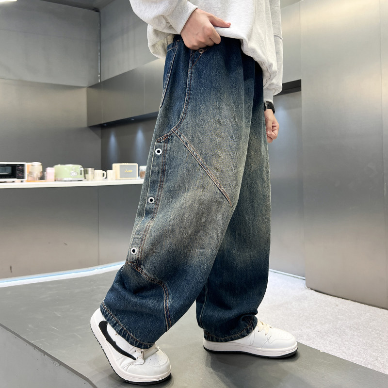 长裤牛仔布牛仔裤拼接裤子宽松