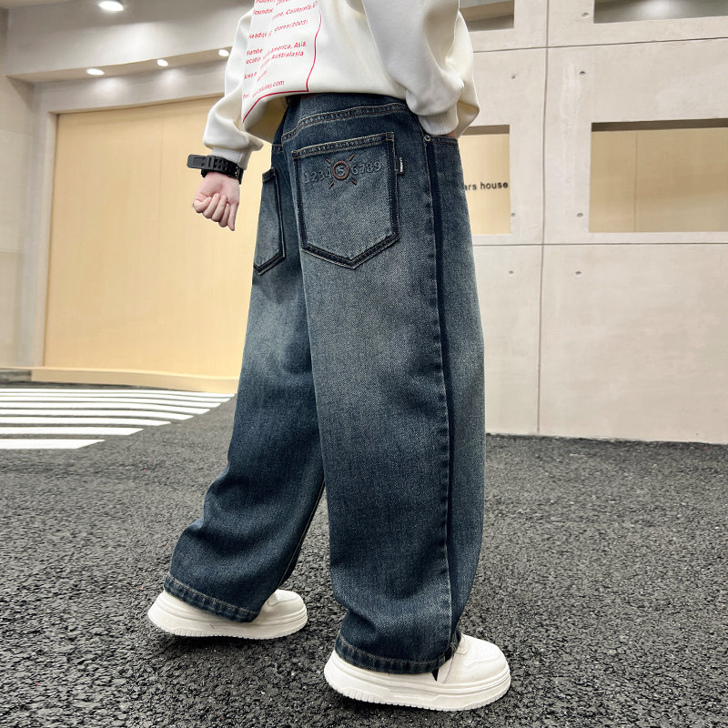 长裤牛仔布牛仔裤后口袋裤子宽松