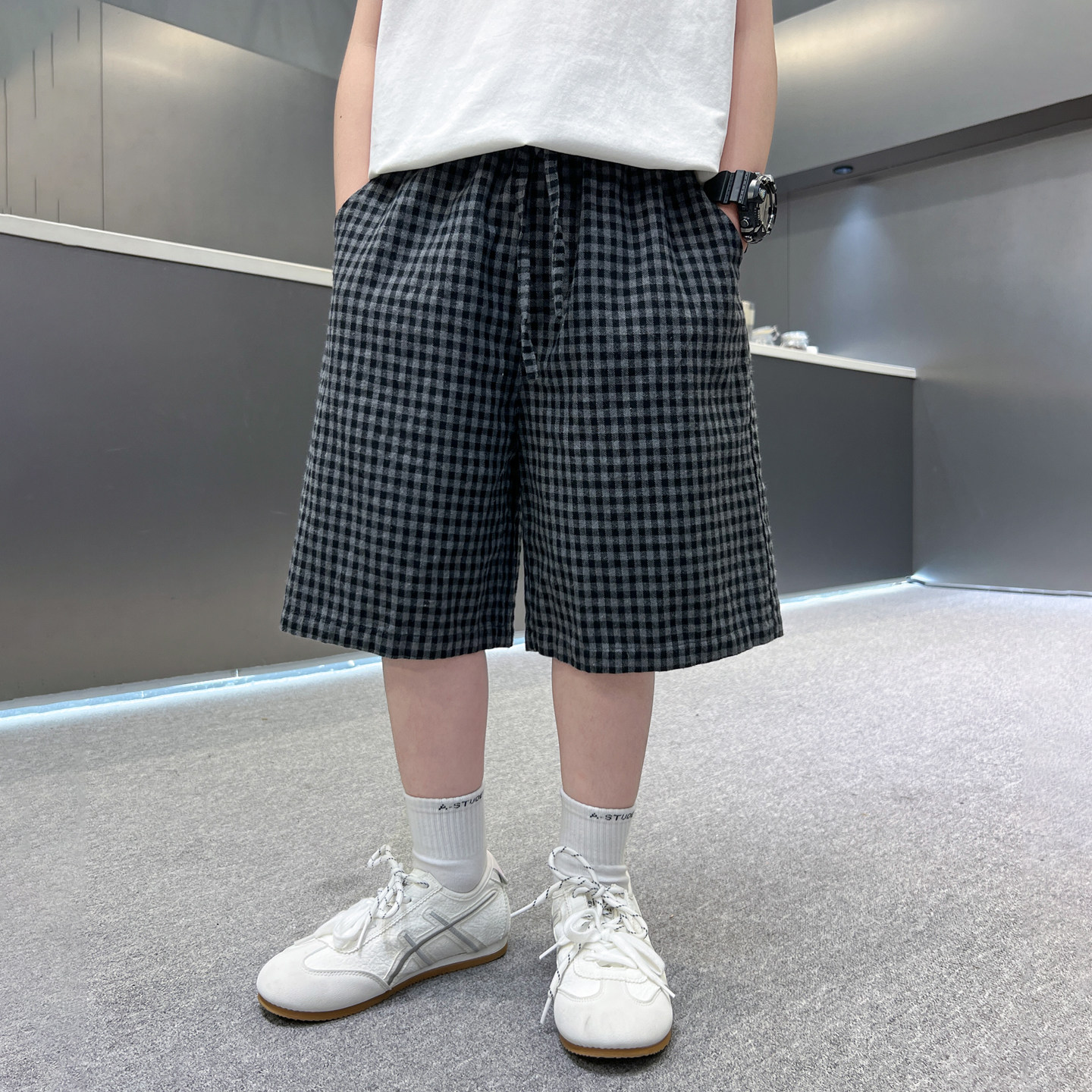 五分裤棉混工装短裤格子裤子宽松