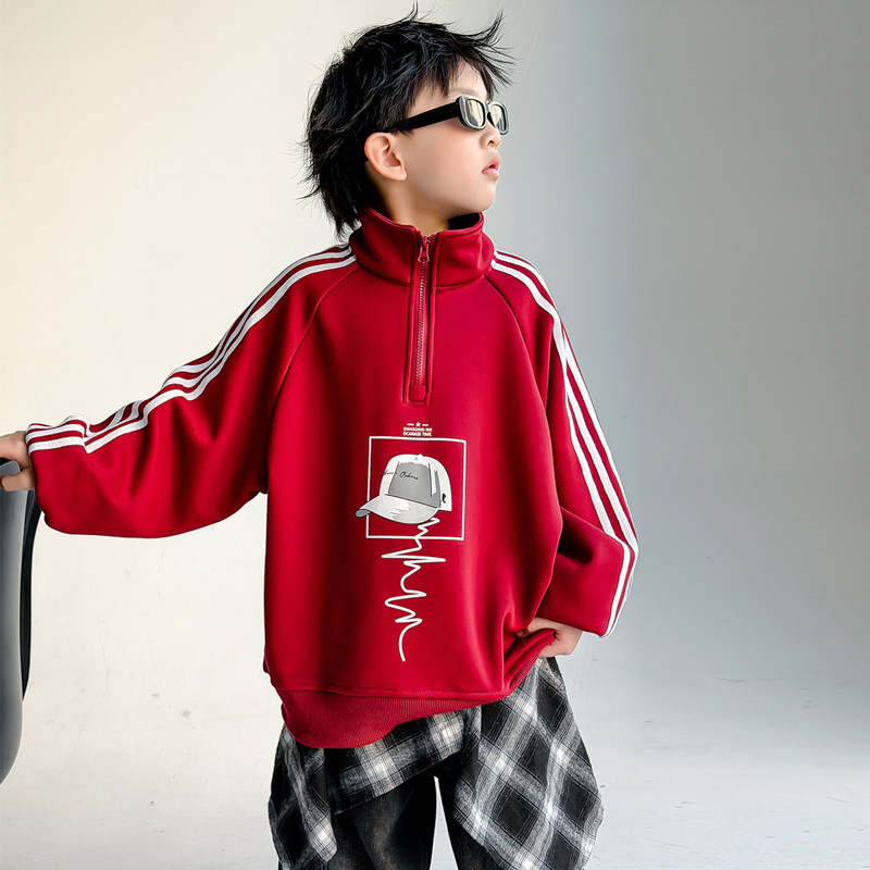 男童红色半拉链加绒卫衣2026新款中大童冬季上衣男孩运动风衣服潮