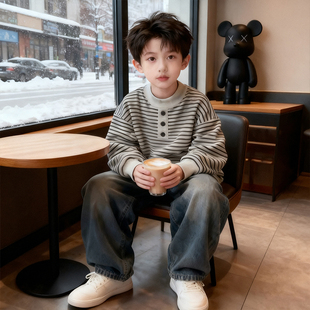 男童条纹加绒卫衣秋冬季2025新款儿童冬款中大童半高领一体绒内搭