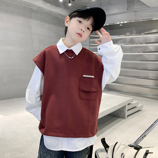 男童衬衫马甲两件套春秋款2025新款儿童装秋季男孩卫衣套装炸街潮