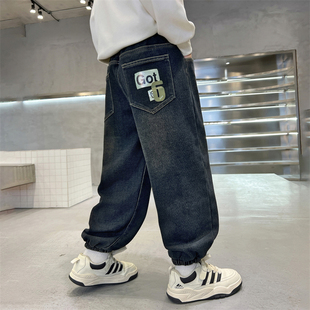 男童加绒束脚牛仔裤秋冬2024新款儿童一体绒休闲裤中大童长裤宽松