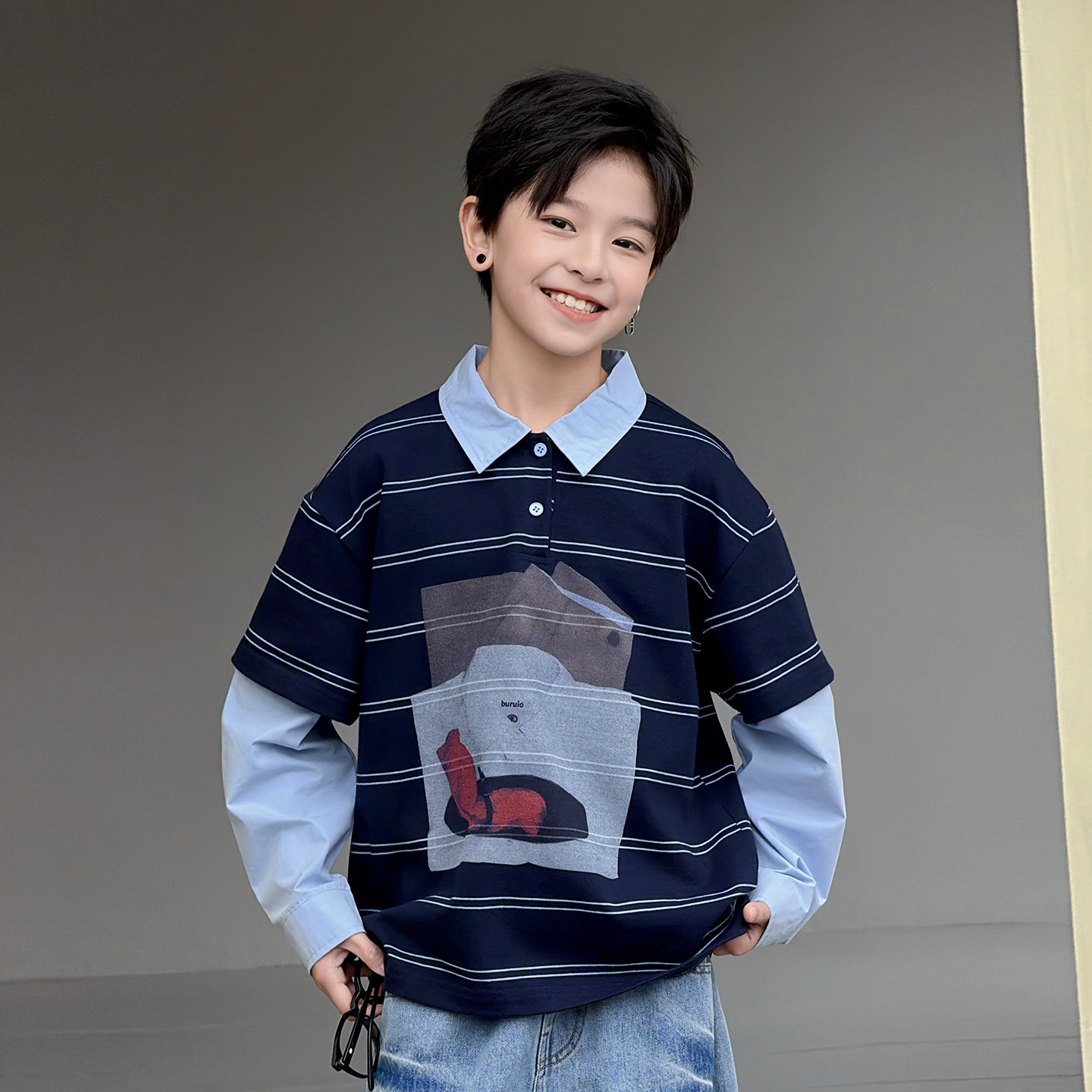 男童假两件POLO衫春秋款2026新款中大童春装儿童春季条纹卫衣痞帅