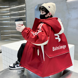 男童红色夹棉冲锋衣冬装2026新款儿童冬季加厚男孩保暖棉服外套潮