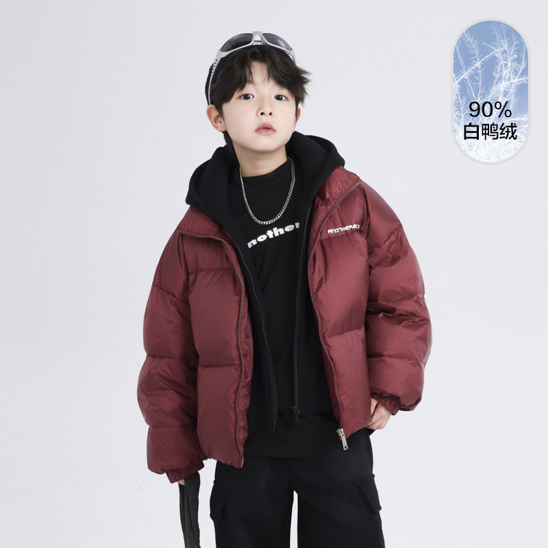男童冬季假两件连帽羽绒服2025新款潮中大童90白鸭绒外套儿童冬装