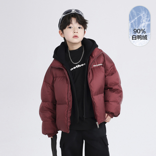 男童冬季假两件连帽羽绒服2025新款潮中大童90白鸭绒外套儿童冬装