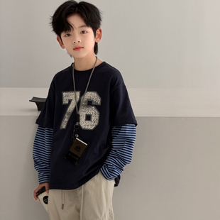 男童春款假两件长袖T恤2026新款痞帅中大童春装儿童打底衫男孩T恤