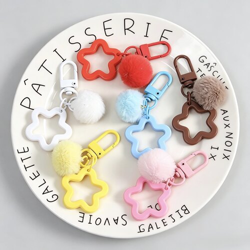 创意亚克力镂空五角星毛绒球钥匙扣可爱包包装饰挂件DIY配件饰品