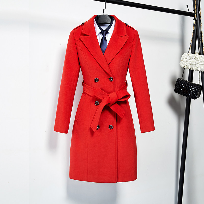 冬季新款职业装修身韩版显瘦红色中长款毛呢大衣婚宴喜庆酒店制服