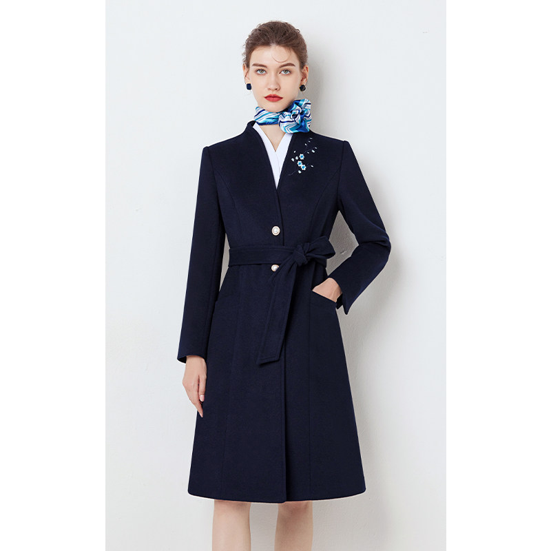 冬季新款职业女装修身淑女中国风刺绣保暖羊毛呢大衣酒店前台制服