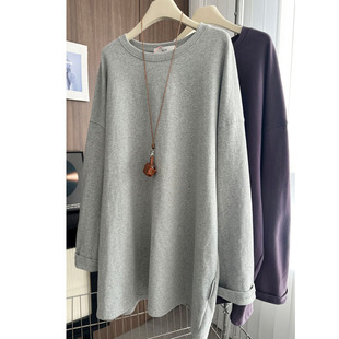 大码中长款t恤打底衫早秋款胖mm宽松显瘦遮屁股长袖内搭上衣200斤