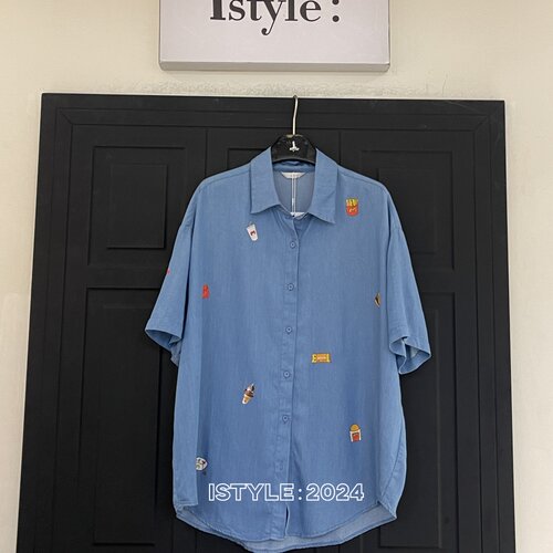 韩版istyle夏装新品短袖牛仔衬衣宽松显瘦童趣图案印花外搭衬衫女